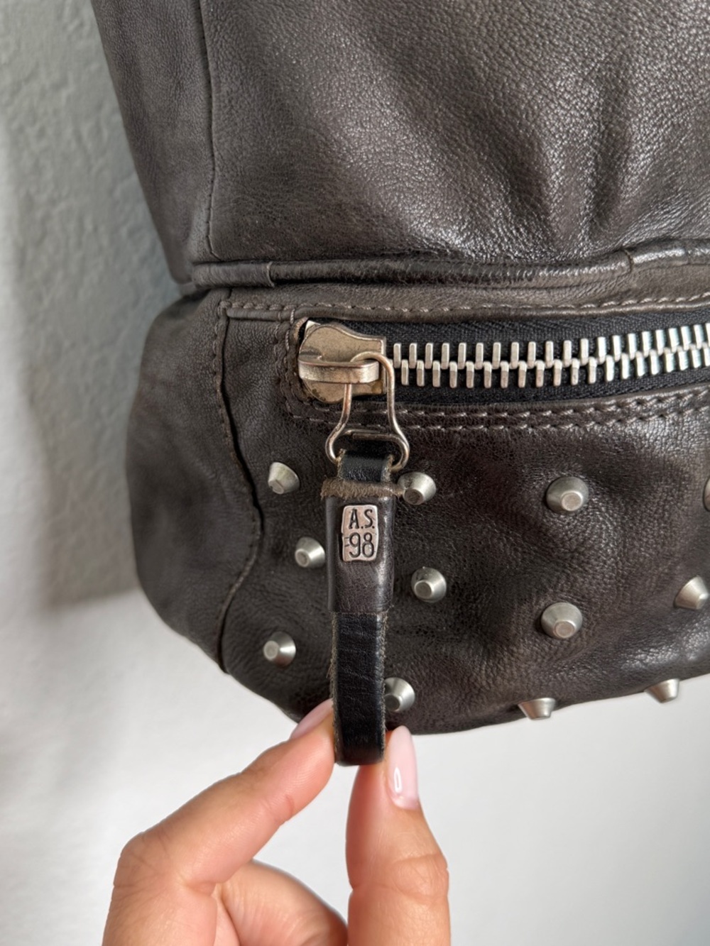 A.S.98 Studded Leather Bucket Bag Gray Brown Distressed Zipper Compartment - Picture 3 of 15